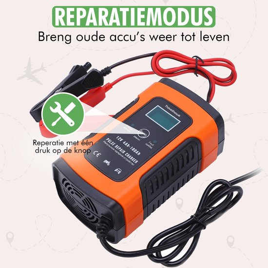 Travelhawk Chargeur de batterie - Chargeur de secours - Chargeur de batterie de voiture - Convient à la moto, à la voiture et au scooter - 12V 6A