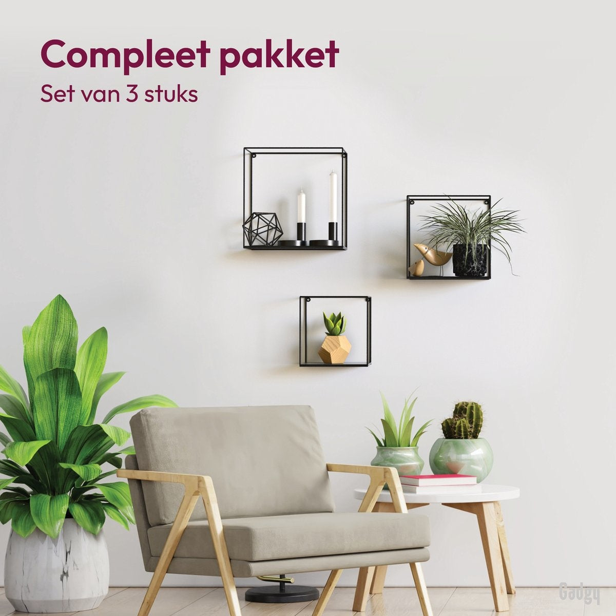 Gadgy Wandrekken Industrieel - Set van 3 - Vierkant Wandrek Zwart - Wanddecoratie Woonkamer - Muurdecoratie Metaal - Wandplank zwevend voor Slaapkamer - 32, 27 en 22 cm