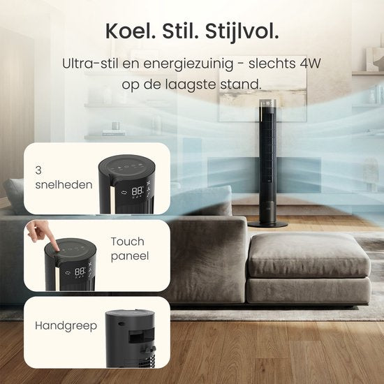 Ventilateur silencieux avec télécommande - Ventilateur colonne sans pales avec minuterie et 3 vitesses de ventilation - Chambre à coucher - Économe en énergie (60 W) - Noir mat - JAP Appliances Toronto S