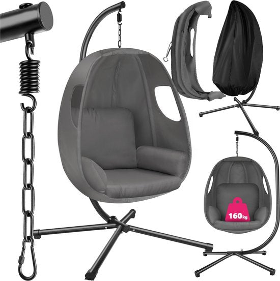 tectake® Chaise suspendue avec cadre - Chaise à bascule avec coussin + coussin de dossier - Meuble de salon ou de chambre - Meuble de balcon - Intérieur ou extérieur - Jusqu'à 160kg - Anthracite