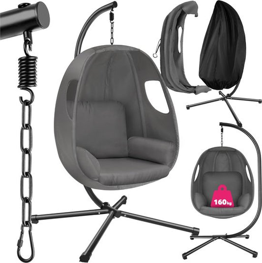 tectake® Chaise suspendue avec cadre - Chaise à bascule avec coussin + coussin de dossier - Meuble de salon ou de chambre - Meuble de balcon - Intérieur ou extérieur - Jusqu'à 160kg - Anthracite