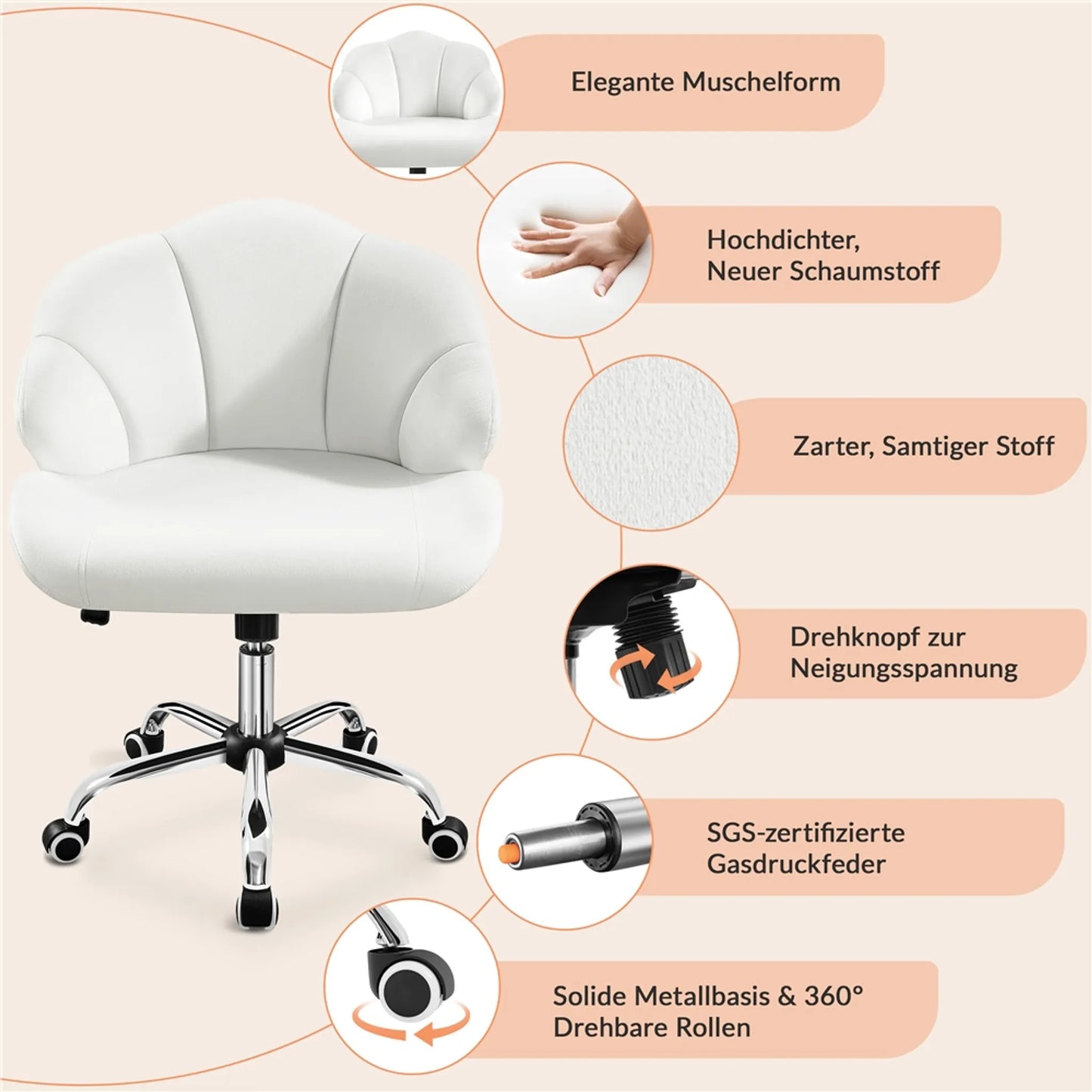 Yaheetech Chaise de bureau en forme de coquillage - avec fonction pivotante, hauteur réglable par vérin à gaz et dossier rembourré - pour le bureau à domicile et la chambre à coucher - polyester blanc et métal - 60 x 60 x 76,5-86 cm