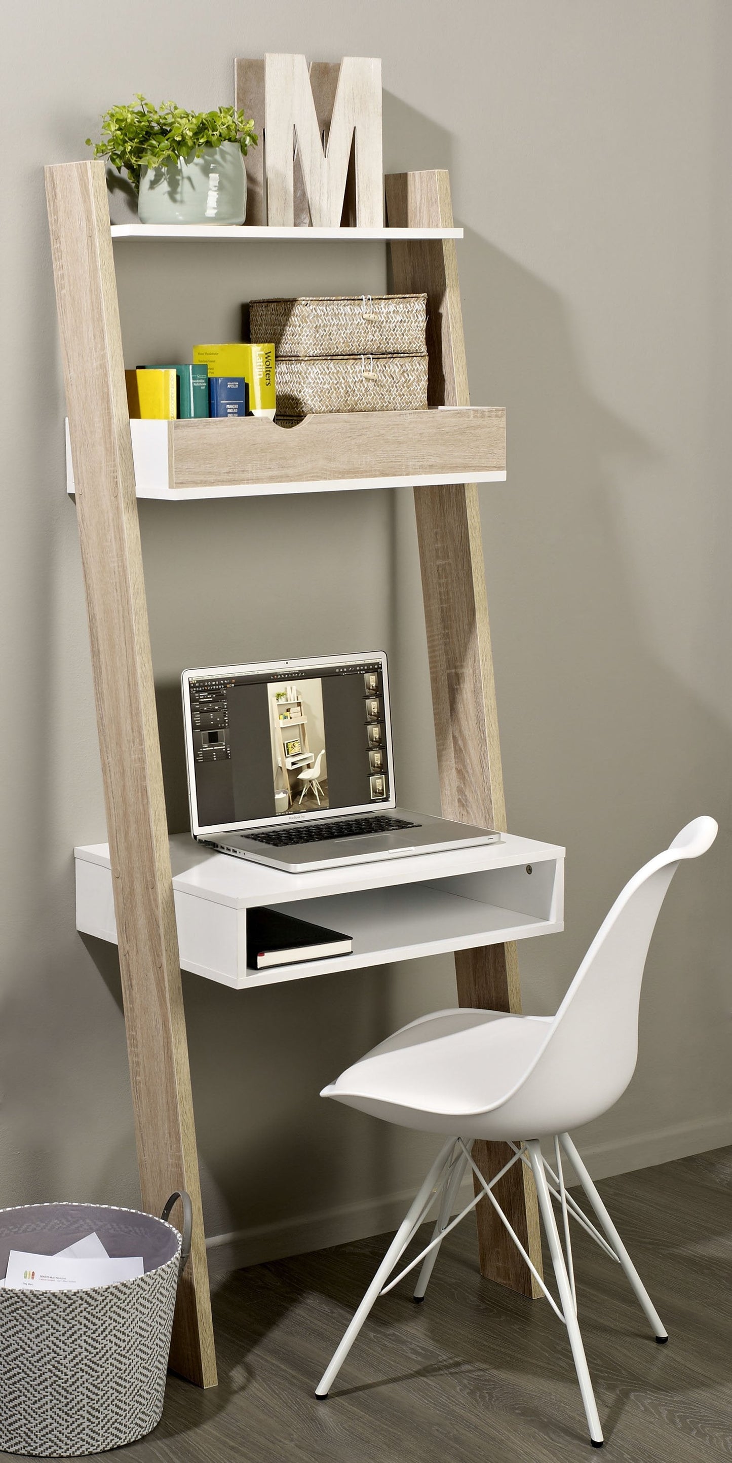 SoBuy FRG111-WN Bibliothèque avec bureau - Montage mural MDF/Panneau - 40 x 65 x 176 cm - Blanc/Naturel