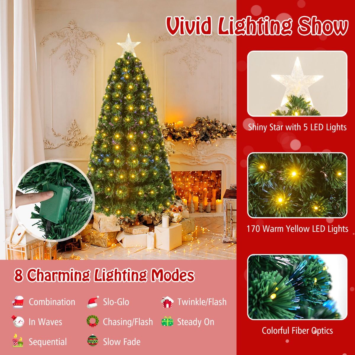 Coast Artificial Christmas Tree - 150 cm - Vert - 170 LED - Avec étoile et 8 niveaux de lumière