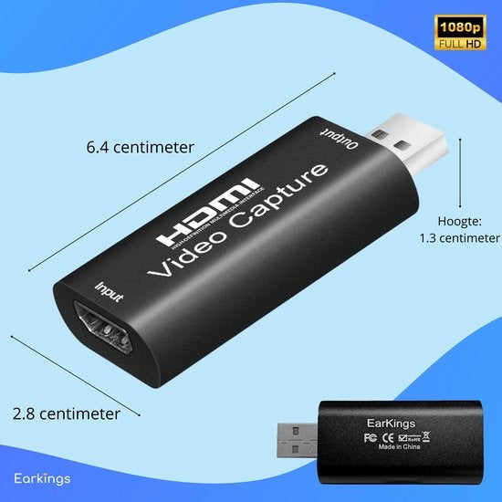 Clé de Capture HDMI vers USB - EarKings - Compatible PlayStation, Xbox, Nintendo, Windows, MAC - noir