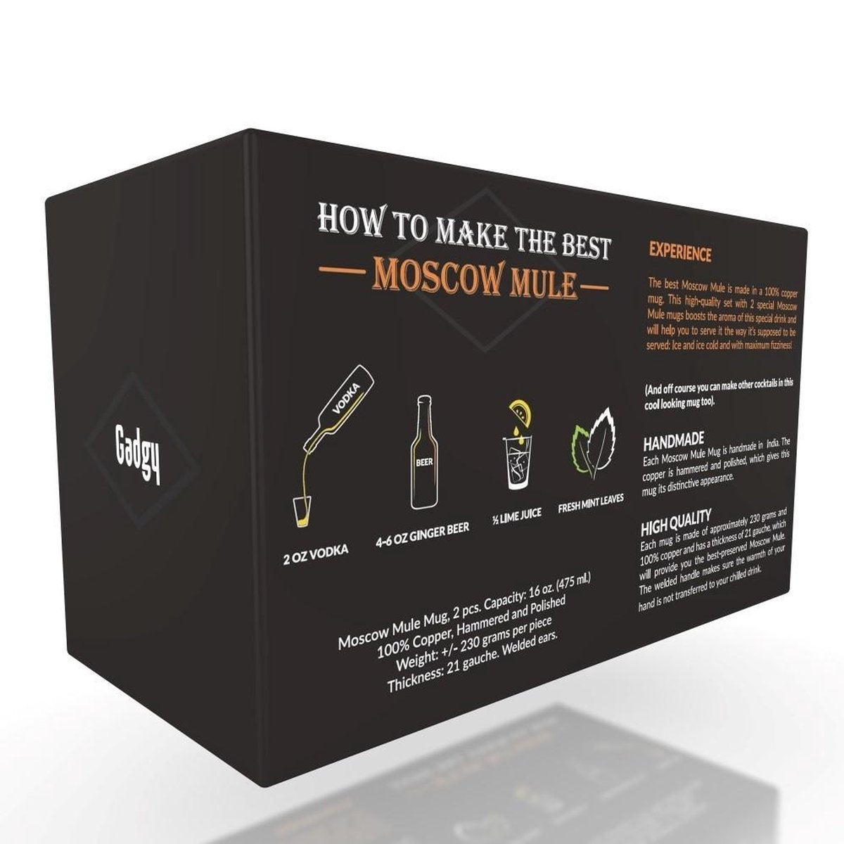 Gadgy Moscow Mule Cups Set - 100% Copper - Set cocktail : 2 verres à cocktail, 2 pailles et 1 mesure de bar