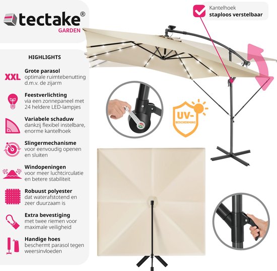 tectake® - Parasol 250cm avec éclairage solaire Led - Parasols - Parasol flottant - Energie solaire - Panneau solaire inclus - Eclairage de jardin - beige