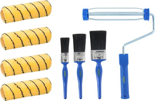 Kinzo 8-piece Paint Roller Set - 1 Bracket - 4 Rollers - 3 Brushes