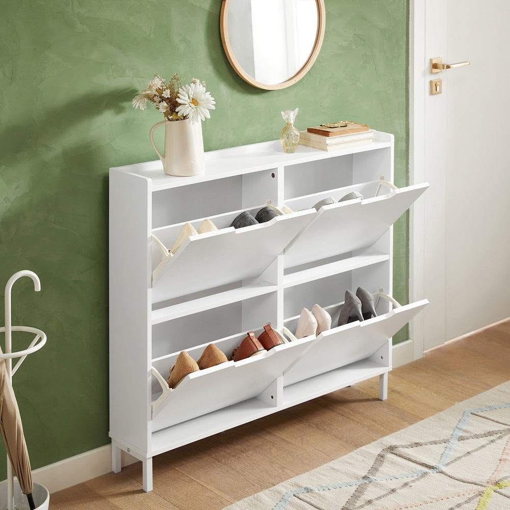 SoBuy FSR100-W Meuble de rangement pour chaussures Meuble de rangement pour chaussures à 4 feuilles Meuble de rangement pour chaussures dans l'entrée - Blanc, 100x19x91cm