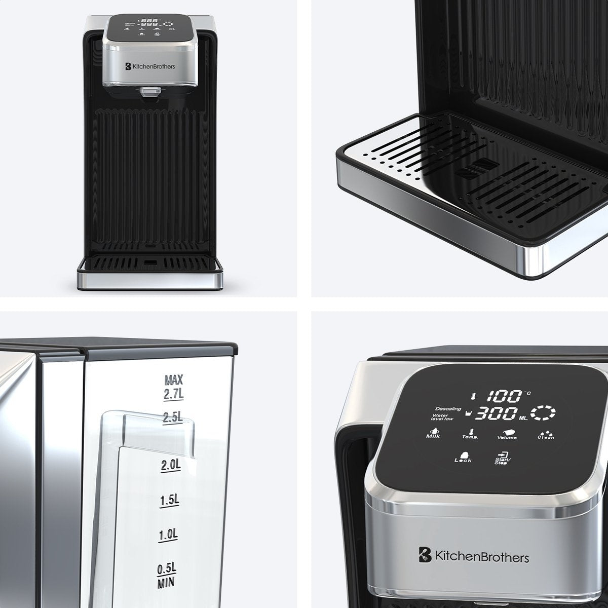 Distributeur d’eau chaude instantanée - KitchenBrothers - 2,7 L - Écran tactile LED - Température réglable 40 à 100°C - Acier inoxydable/Noir