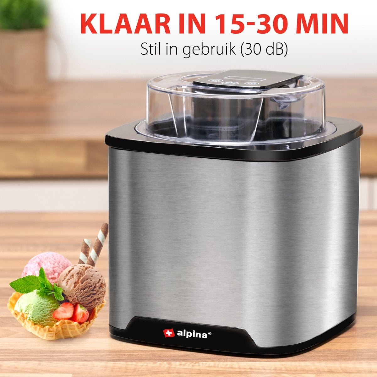 alpina Ice Cream Machine - Sorbetière 2L - Glace, Yoghourt glacé, Sorbet, etc. - Acier inoxydable - Argent