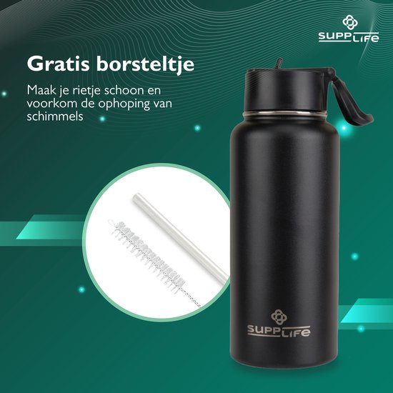 Supplife Luxe : bouteille isotherme / gourde en acier inoxydable - 1 litre - Sans BPA et étanche - Bouteille d'eau avec paille - Isolation à double paroi - Tasse isotherme - Bouchon verseur et bouchon avec paille - Brosse de nettoyage incluse - Noir