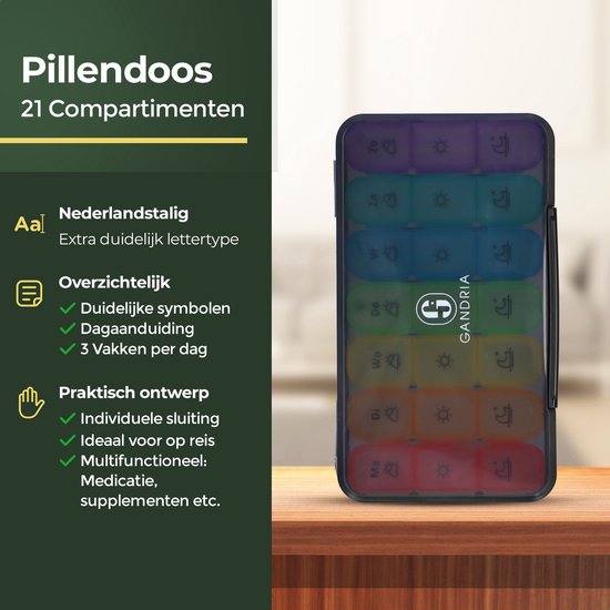 Boîte à pilules Gandria 7 jours - Boîte à pilules amovible - Boîte à médicaments avec 21 compartiments - Boîte à médicaments avec fermeture solide - 3 compartiments par jour