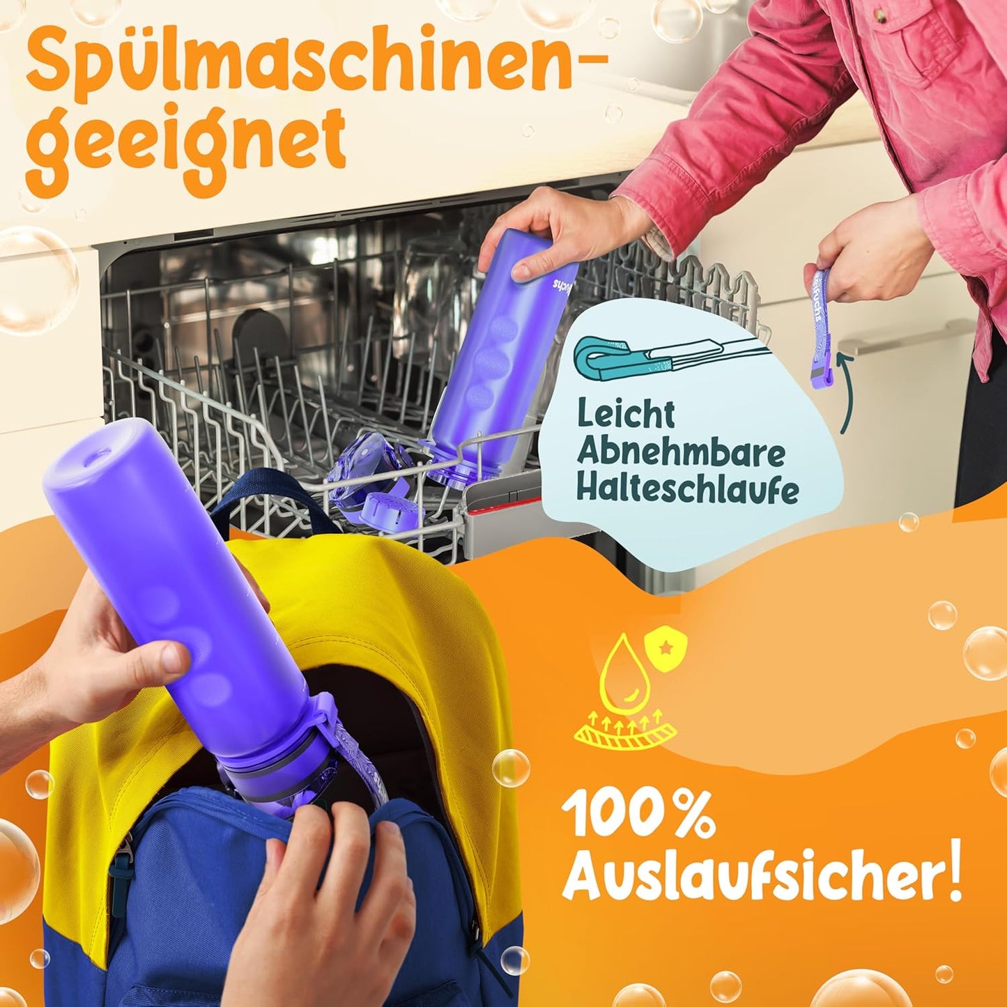 Funkelfuchs® gourde pour enfants - 500ml, violet - gazeuse - 100% étanche - bouteille d'eau lavable au lave-vaisselle - pour la maternelle, l'inscription à l'école, l'école, le sport