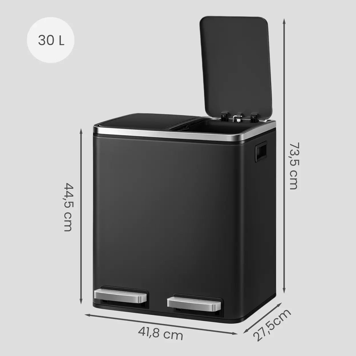 Poubelle à double pédale Joyfurnos - Noire - 2 x 15 litres - Couvercle à fermeture douce - Acier - 41,8 x 35,9 x 44,5 cm