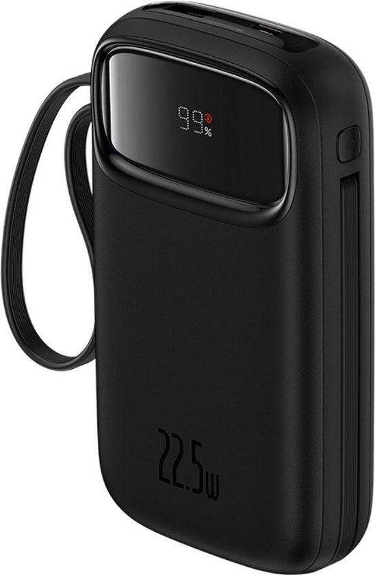 Batterie externe Baseus 10 000 mAh | Charge rapide 20 W via USB-C et USB-A | Format de voyage avec écran, noir | Batterie externe universelle compatible notamment avec Samsung et iPhone | Câbles USB-C et Lightning intégrés
