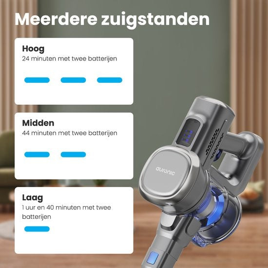 Aspirateur Balai - Auronic - Sans fil - Sans sac -Double batterie - Filtre HEPA lavable - 220 W - Gris/Bleu