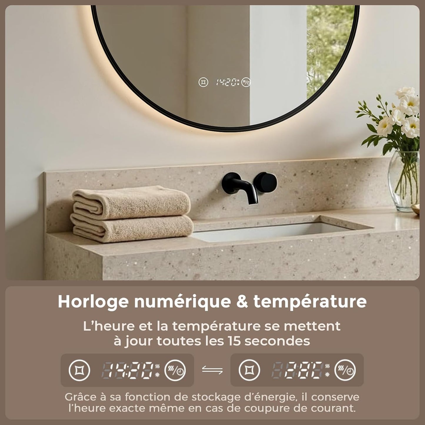 Miroir de salle de bain rond S'afielina avec éclairage LED, noir, Ø 60 x 3 cm - Intensité réglable - Anti-condensation - Horloge et affichage de la température