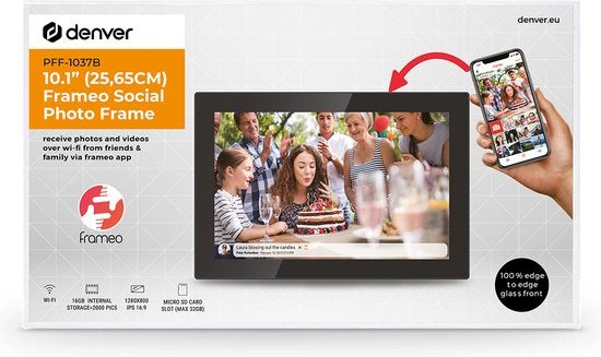 Denver Digitale Fotolijst 10.1 inch - Glas Display - HD - Frameo App - Fotokader - WiFi - 16GB - IPS Touchscreen - PFF1037B