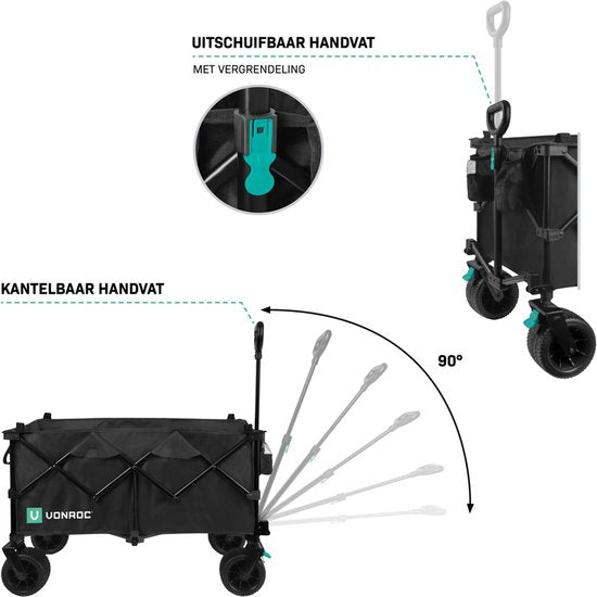 VONROC Bolderkar XL - Pliable - Capacité de charge 80 kg - Capacité 200l - Modèle extra spacieux - Roues solides anti-fuites - Cadre en acier robuste - Polyester 600D - Noir
