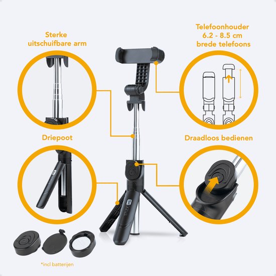 Studio ME 3 in 1 Selfie Stick Tripod - Selfie Stick Universel - Photo et Vidéo - Télécommande Bluetooth - Support pour téléphone - Trépied pour téléphone