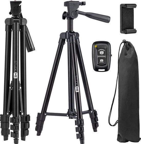 Studio ME Phone Tripod - 128 cm - Trépied Smartphone - Noir - Trépied pour appareil photo - Support pour téléphone - Télécommande Bluetooth incluse - Trépied Téléphone
