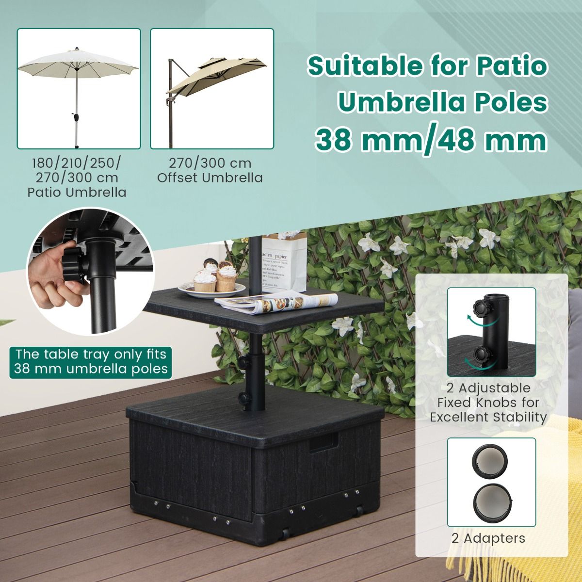 Coast Base de parasol gonflable 80 kg avec plateau et roues 53x53x45 cm Noir