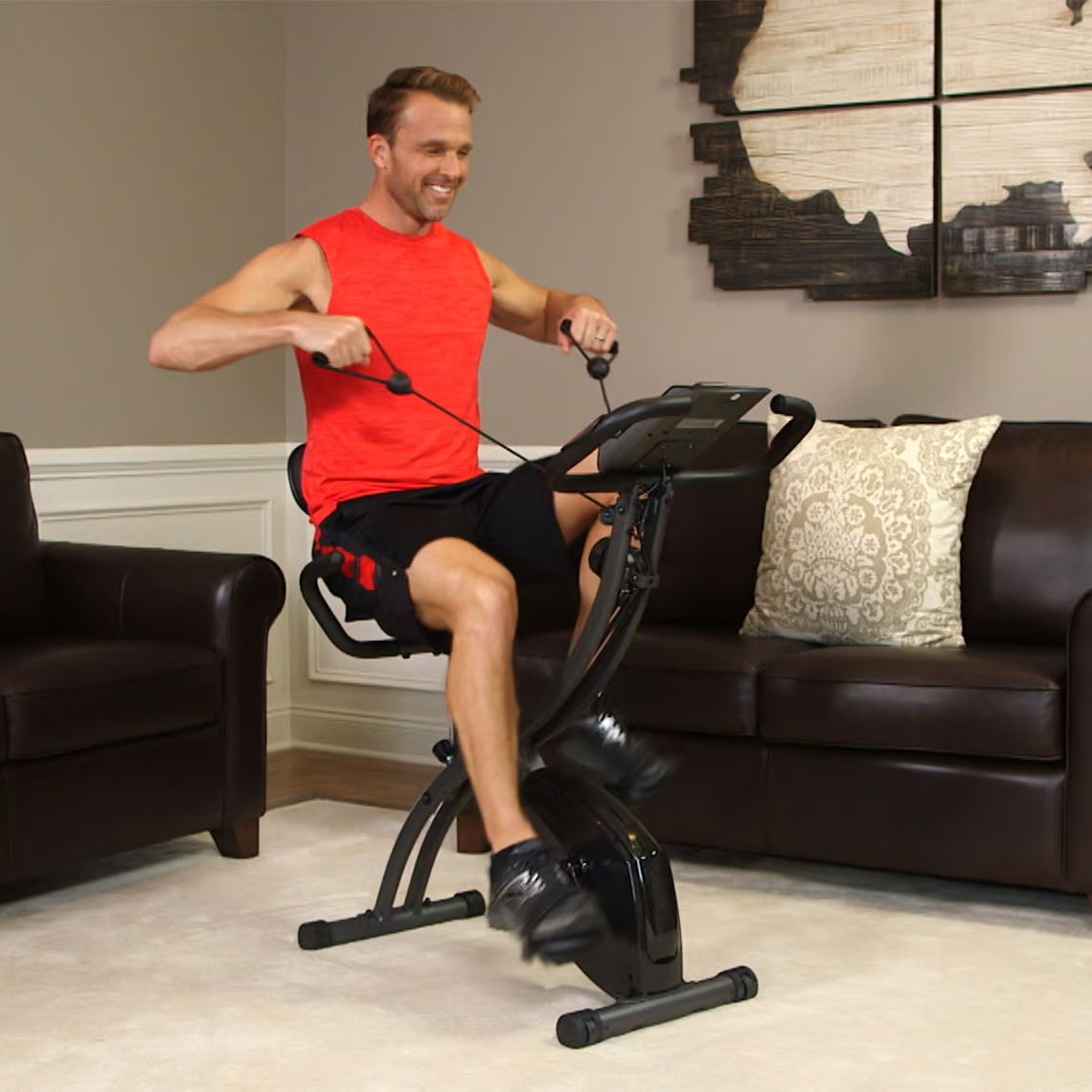 Vélo d'appartement Slim Cycle 3-en-1 - Bandes de résistance incluses - Siège ergonomique XL - 8 niveaux de résistance