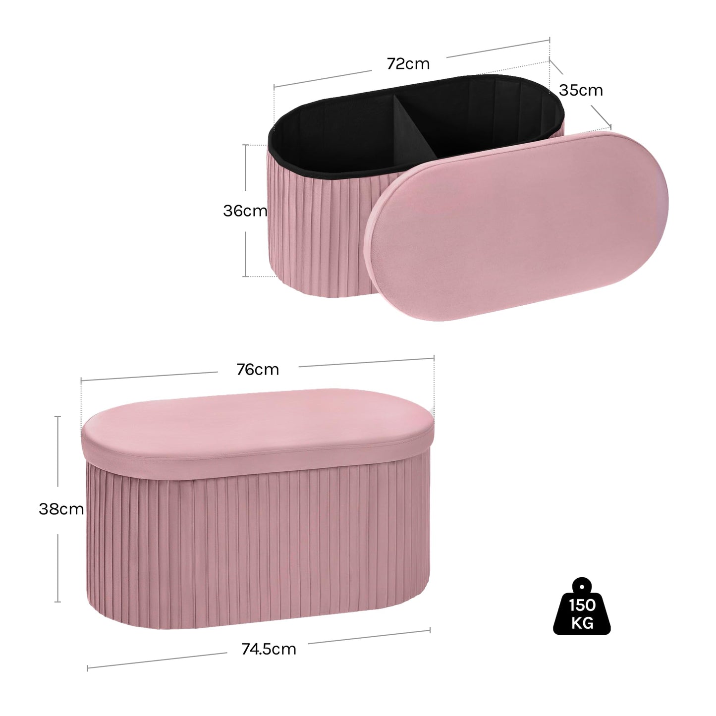 Banc de rangement Woltu - Pliable - 76 L - 76 x 38 x 38 cm - Rose pastel