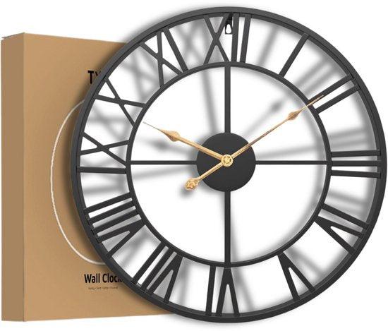 Horloge murale Tyme de style industriel – 34 cm – Chiffres romains – Facile à lire – Analogique – Mécanisme d'horlogerie – Horloge murale moderne – Quartz – Noire