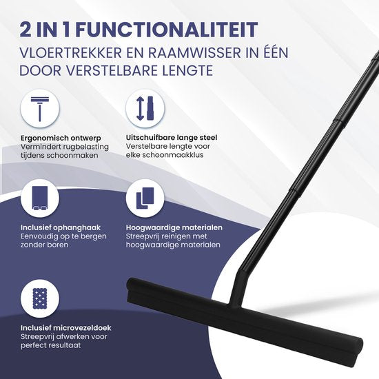 TTD® Essuyeur de douche 2-en-1 avec long manche extensible - 97 cm - Lame d'essuyage en silicone - Ergonomique - Avec chiffon en microfibre et crochet de suspension - Essuyeur de douche - Essuyeur de sol de salle de bains - Raclette de sol - Noir