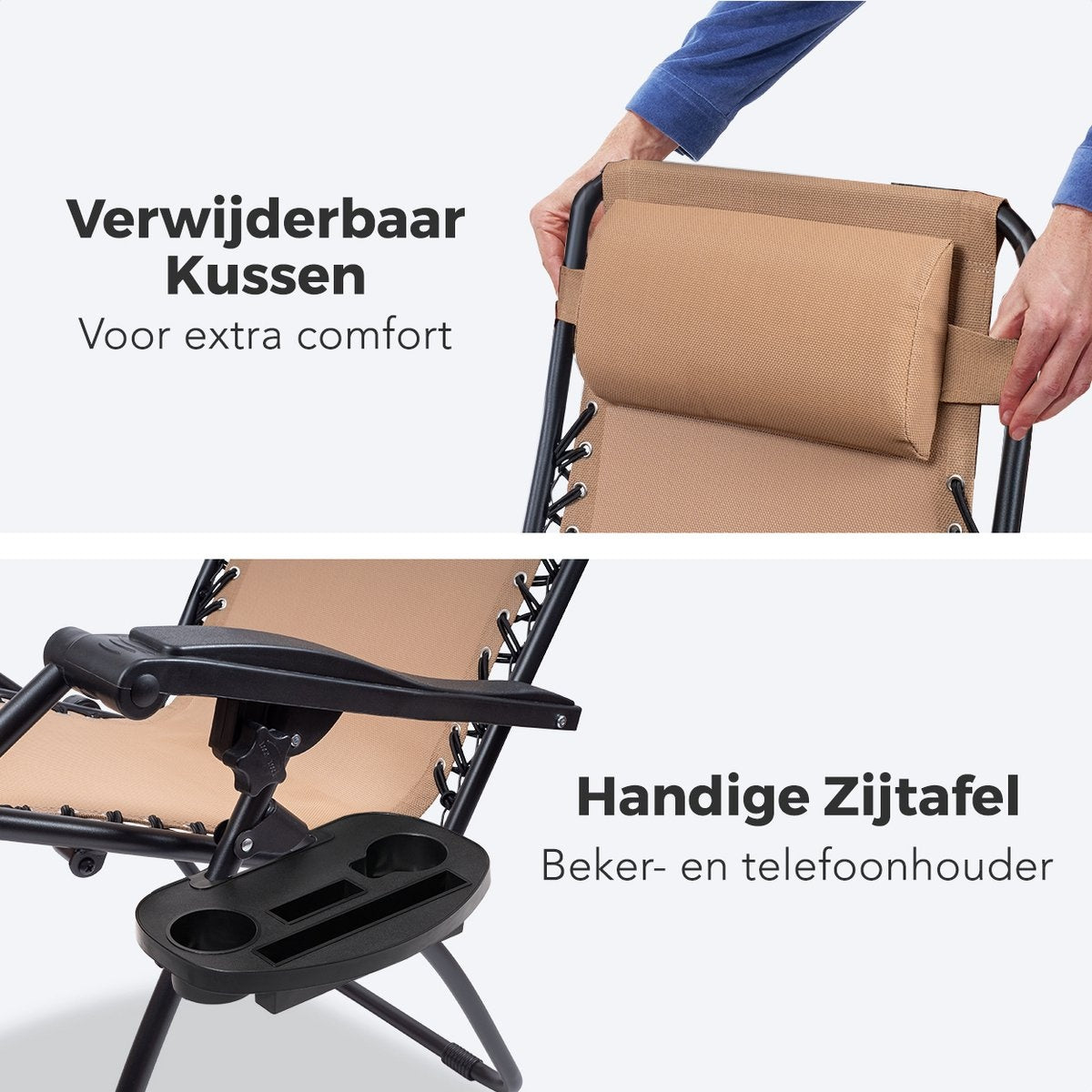 LifeGoods Chaises de jardin pliables - 2 pièces - 30°-90° réglable - métal - beige