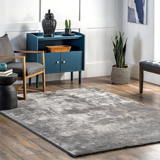 Flycarpets Solid : tapis à poils longs et lavable, couleur unie - Gris - Tapis de salon - 160 x 230 cm