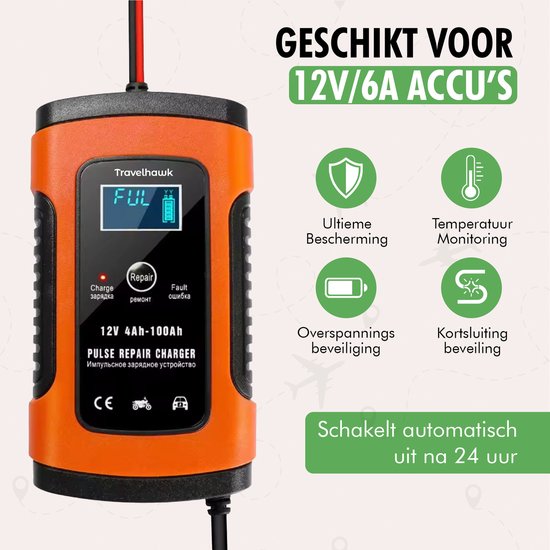 Travelhawk Chargeur de batterie - Chargeur de secours - Chargeur de batterie de voiture - Convient à la moto, à la voiture et au scooter - 12V 6A
