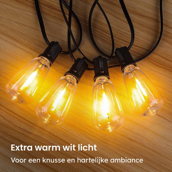 Partizzle 15m LED Guirlande lumineuse Edison - 25 Lampes - Guirlande lumineuse de Noël étanche pour terrasse extérieure et camping - Lumières de Noël / Lumières de jardin - 2700k / Blanc chaud