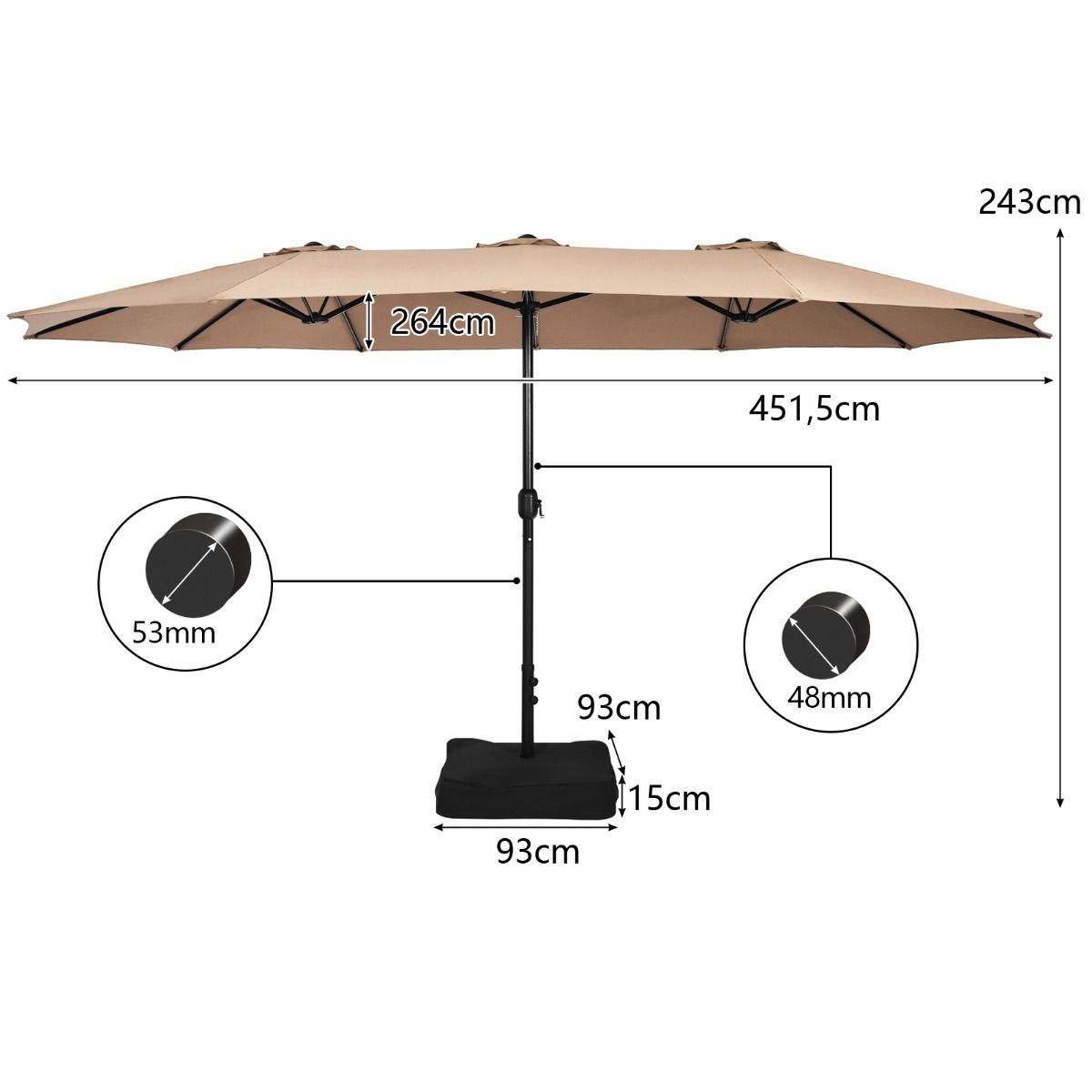 Coast 451.5 x 264 cm Parasol de terrasse double avec pied - Marron Parasol d'ombrage XXL pour le jardin, la terrasse et la piscine