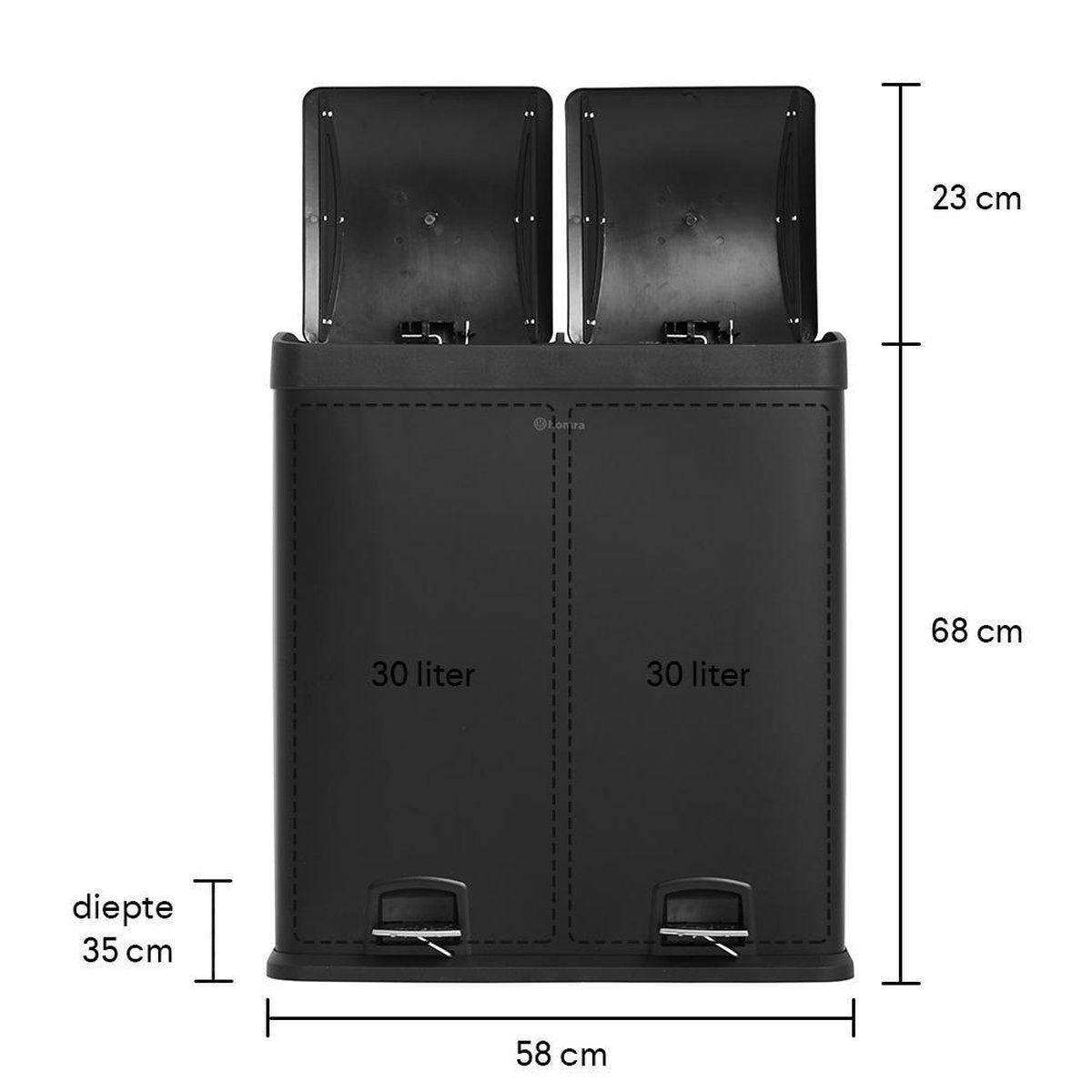 Poubelle de tri sélectif avec 2 compartiments - Homra NEVIQ - 2 x 30 L de capacité - Acier inoxydable de haute qualité - Poubelle noir