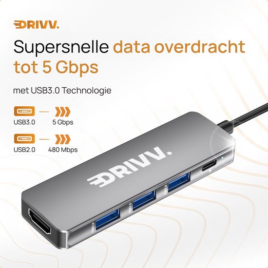Hub USB-C haut de gamme 5 en 1 - HDMI 4K 30 Hz - PD 100 W - USB 3.0 - USB 2.0 - Répartiteur USB - Adaptateur - Gris sidéral