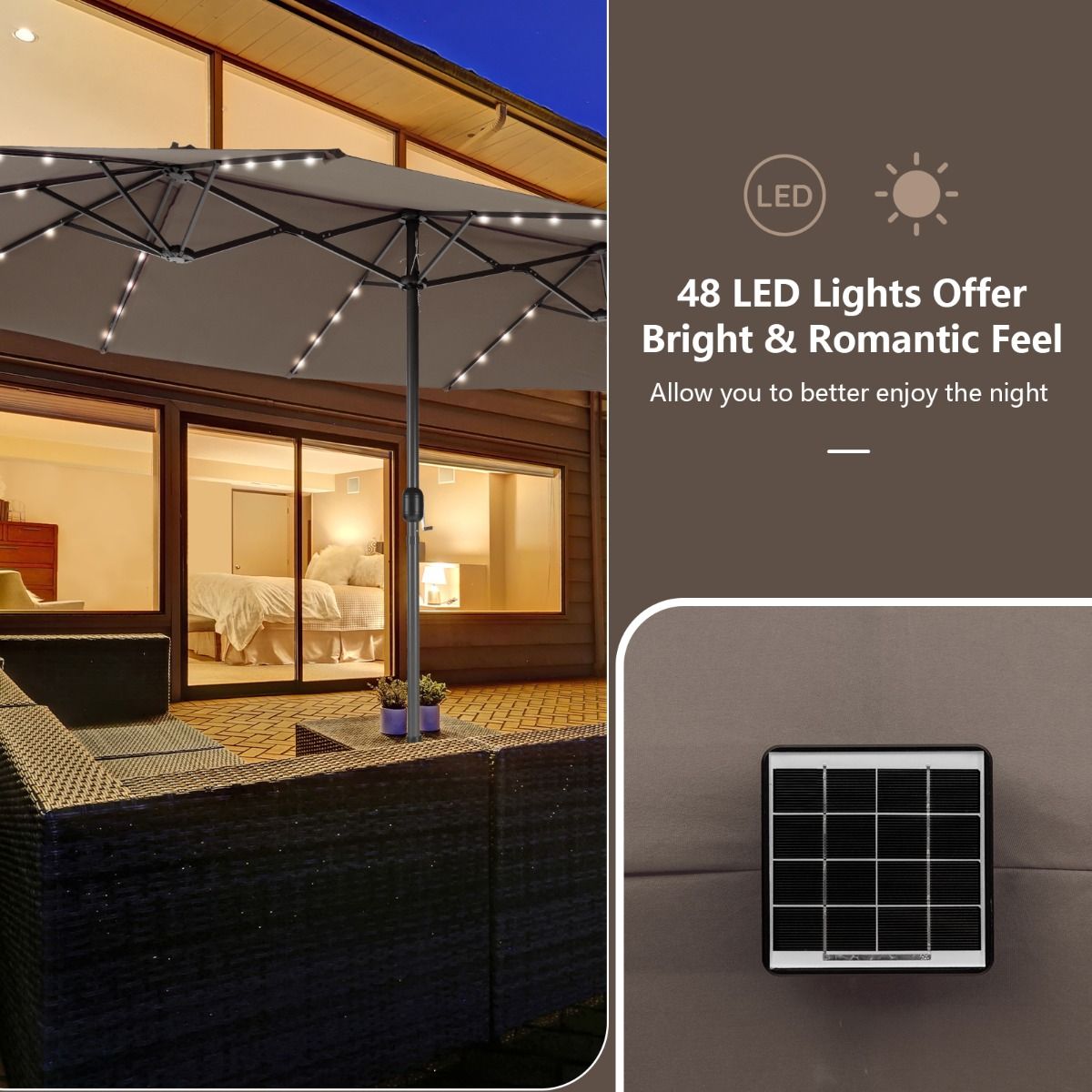 Parasol de terrasse double face Coast 470 x 280 cm - 48 LED avec panneau solaire - Système à manivelle - Marron