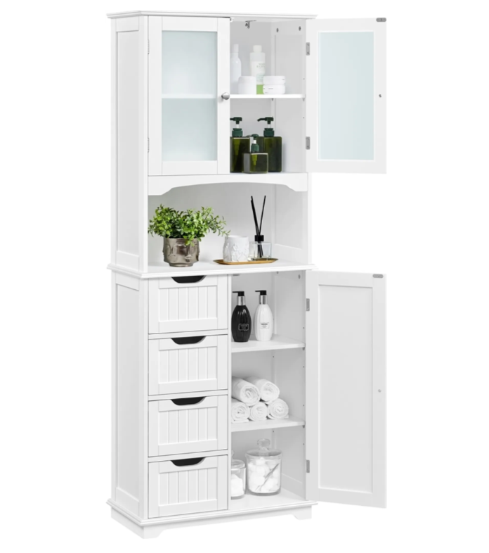 Armoire de salle de bains Yaheetech - Blanche - 63 x 30 x 165,5 cm - Portes vitrées, 4 tiroirs, étagères réglables