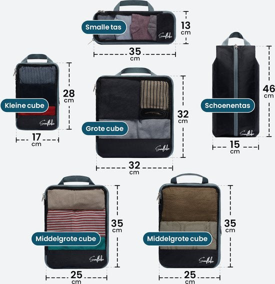 Cubes de compression - Kit d'organisation pour valise - 6 pièces - Cubes de compression pour sac à dos - avec zips de compression - Mesh Black - Sunflake