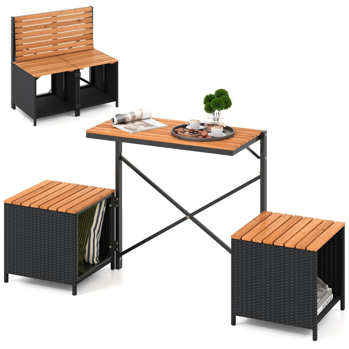 Coast : banc de jardin et table de pique-nique 2-en-1 - meuble de balcon modulable - avec espace de rangement - noir/naturel