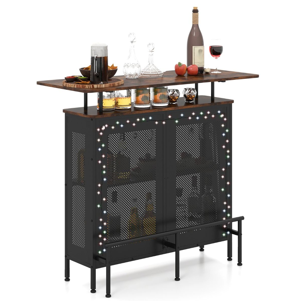 Table haute Coast avec espace de rangement - structure métallique - pieds réglables - marron et noir