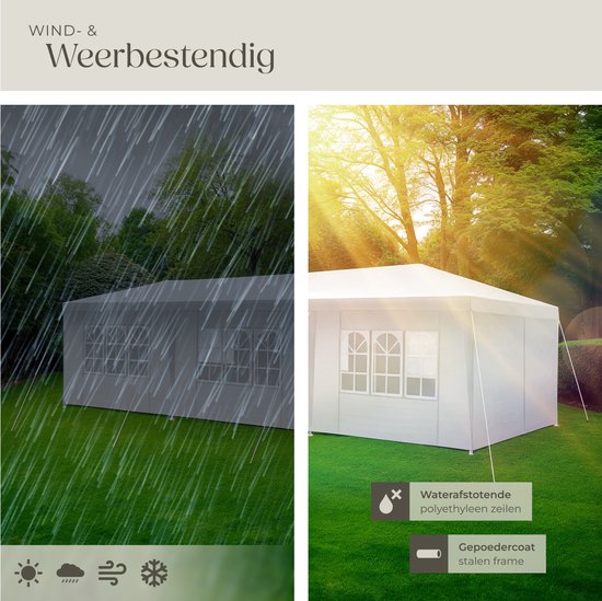 tectake® Pavillon Miramas - Tente de réception 9x3 m - Blanc - 8 panneaux latéraux amovibles - Pavillon de jardin résistant aux UV et à l'eau - Lignes de tension et piquets inclus - Auvent