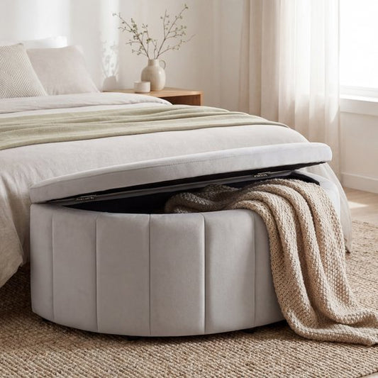 tectake® Canapé rembourré Moon - Pouf avec espace de rangement - Grand compartiment de rangement - Forme en demi-lune - Petit canapé - 108 x 48 x 38,5 cm - Capacité de charge : 150 kg - Velours taupe