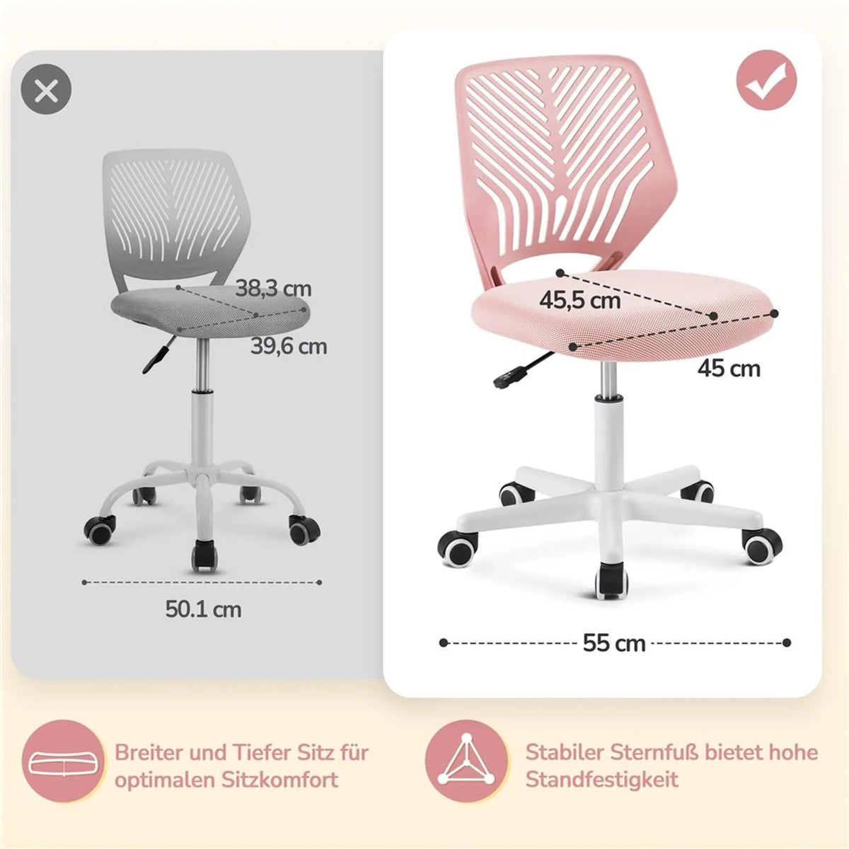 Chaise de bureau sans accoudoirs, réglable en hauteur et pivotante à 360°, rose pâle