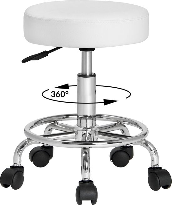 Tabouret roulant - Réglable en hauteur et rotatif à 360°C - Hauteur d'assise 51-65cm Blanc