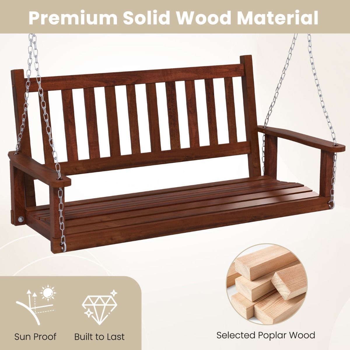 Banc à bascule d'extérieur en bois Coast - 3 places - Chaînes réglables - Marron 168 x 65 x 63 cm