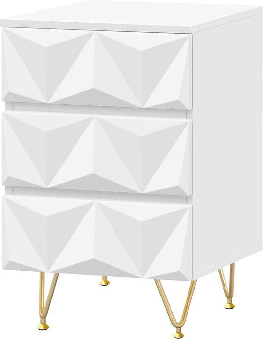 Eugad Table de chevet avec 3 tiroirs - 40x40x62,5 cm - Blanc avec or - Design 3D moderne
