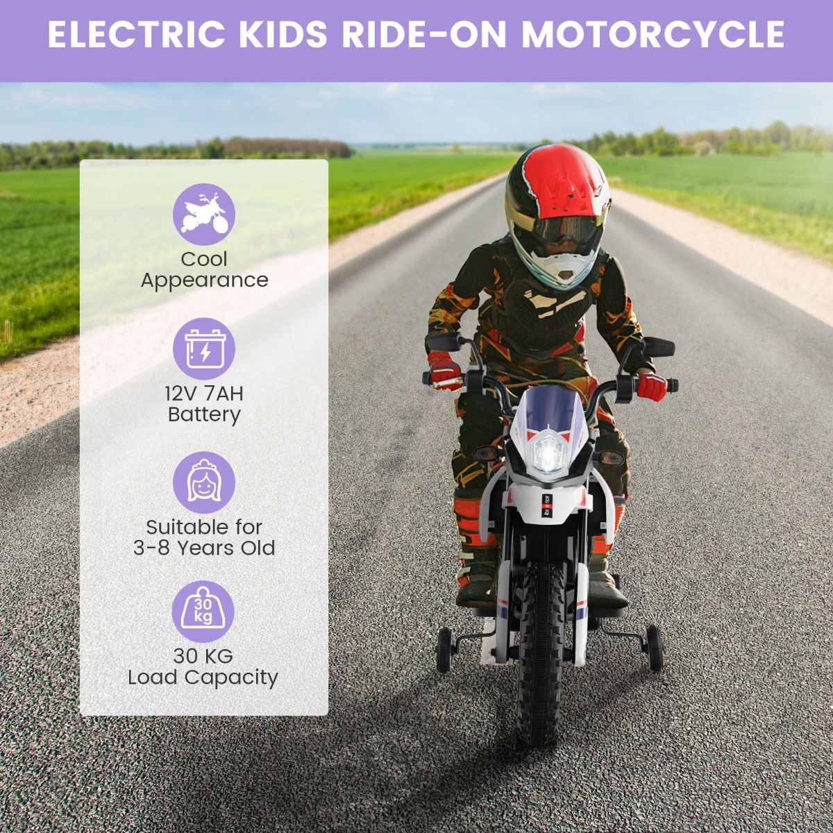 Coast Toy Motorbike for Kids - 2 roues latérales - Fonction musicale - 106.5 x 56 x 80 cm - Bleu/Blanc